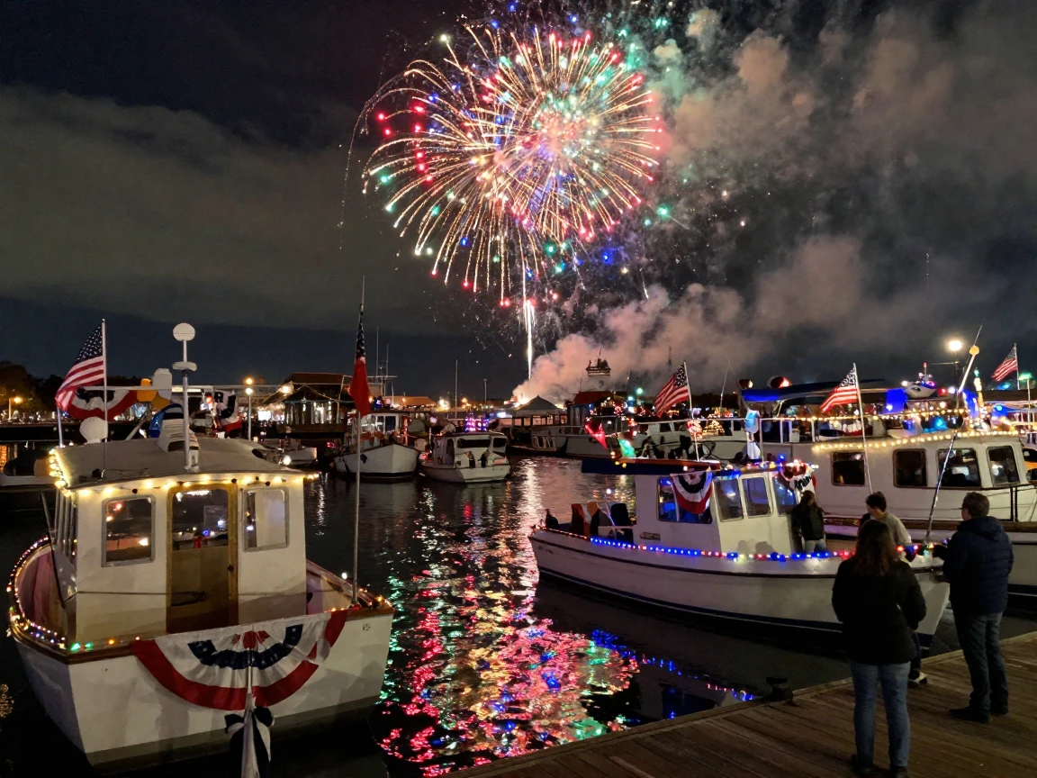 Fireworks reflect off the surface of a harbor packed with boats decorated for a holiday.
