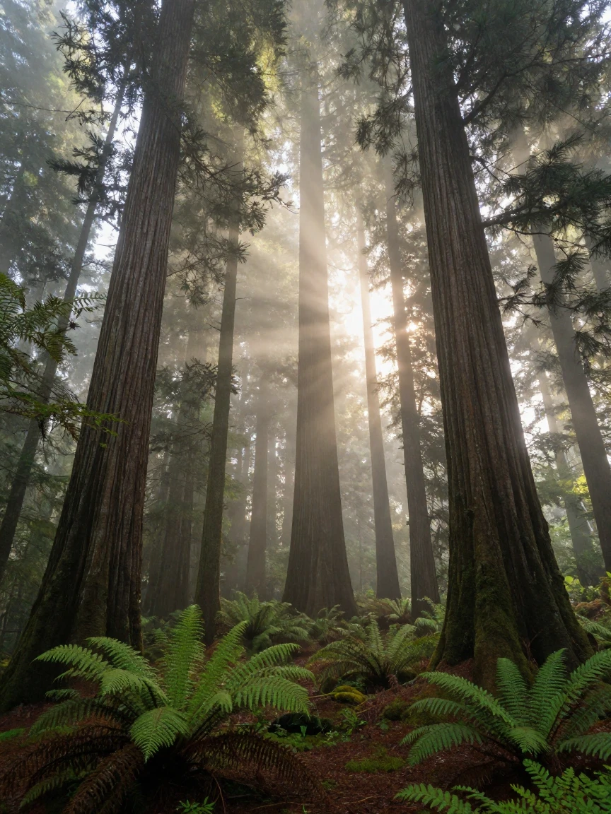 A dense forest of ancient redwoods wrapped in a thick blanket of morning fog