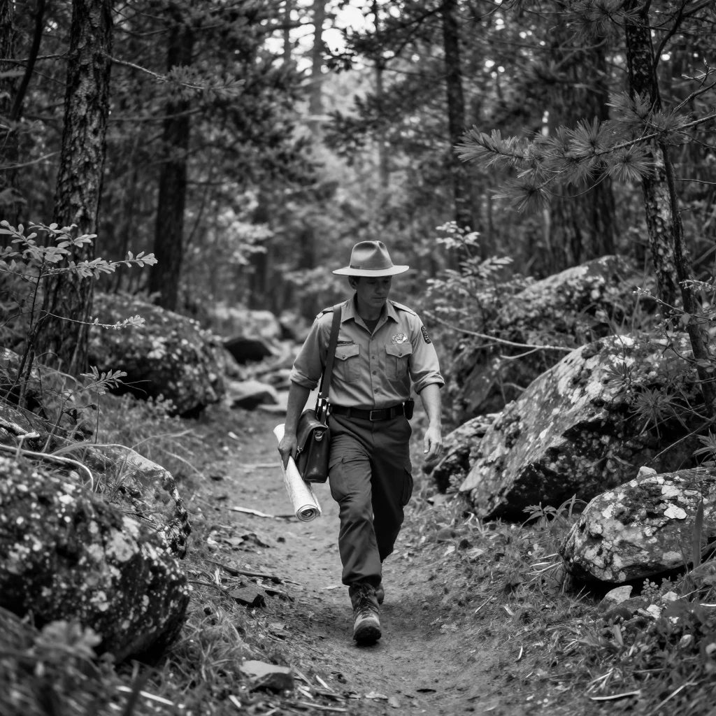 A ranger patrols a remote stretch of wilderness along a quiet backcountry trail.