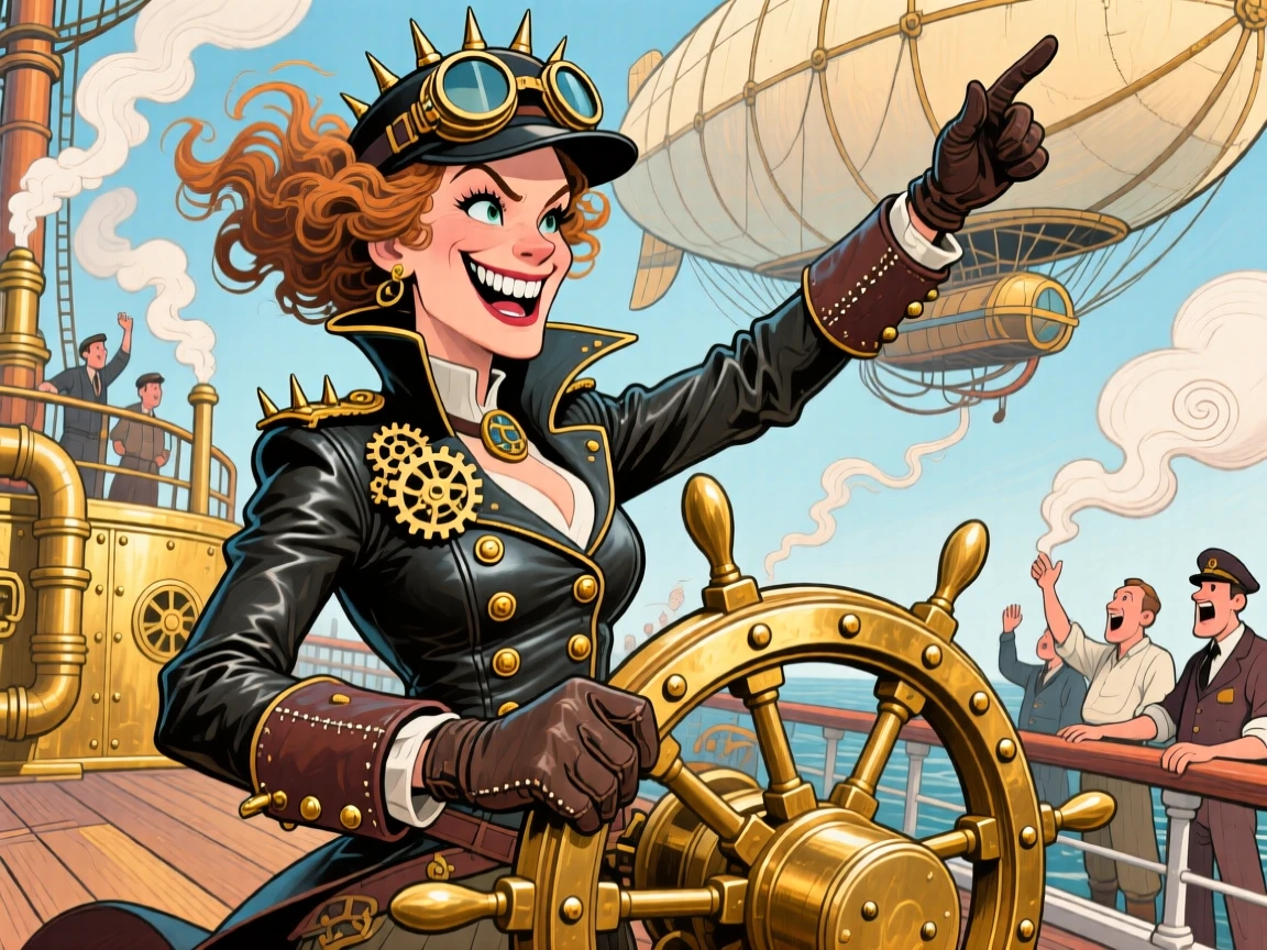 A steampunk airship captain commanding her crew from a brass-plated deck.