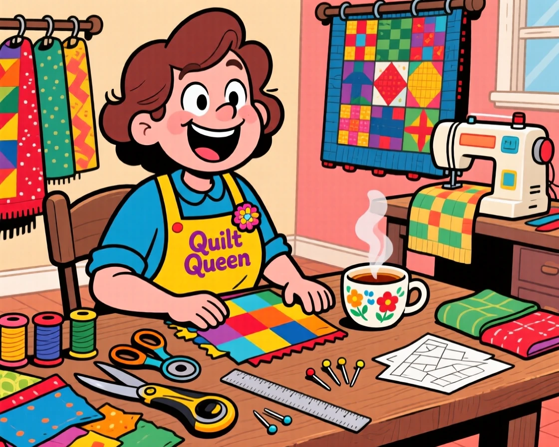 An everyday-life snapshot of a passionate quilter, surrounded by all the tools of their craft, with a cup of tea cooling nearby.