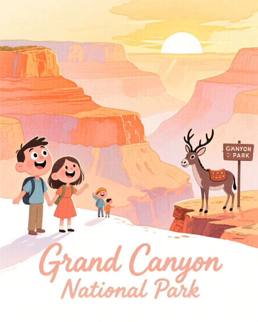 A dreamy travel postcard scene of the Grand Canyon with layered orange cliffs at golden sunset