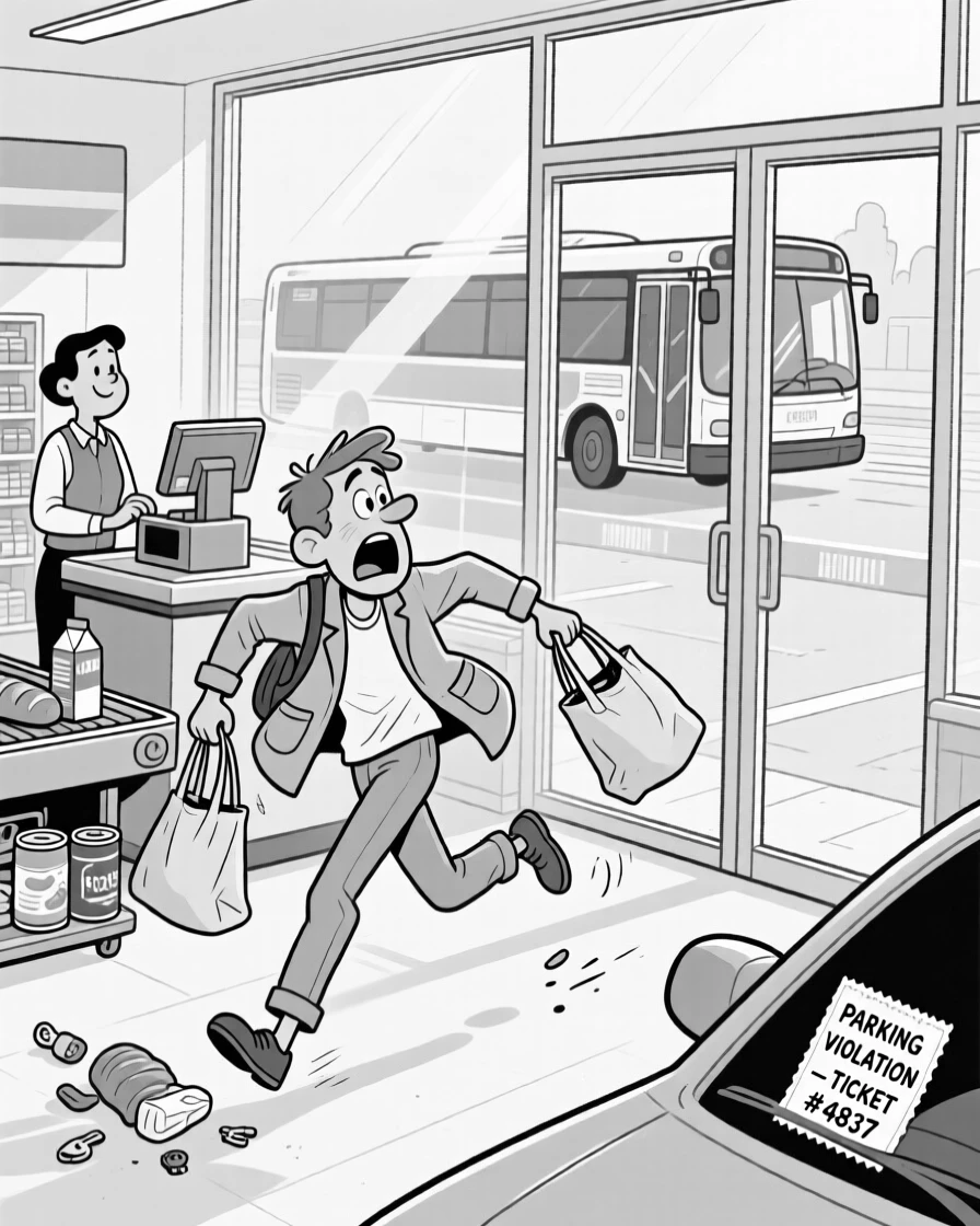 A commuter sprinting to catch a bus that's already pulling away, dropping one bag while frantically digging for keys, set in a checkout line at the grocery store. A parking ticket flutters ominously under a wiper. The image turns a small mishap into pure comic gold.