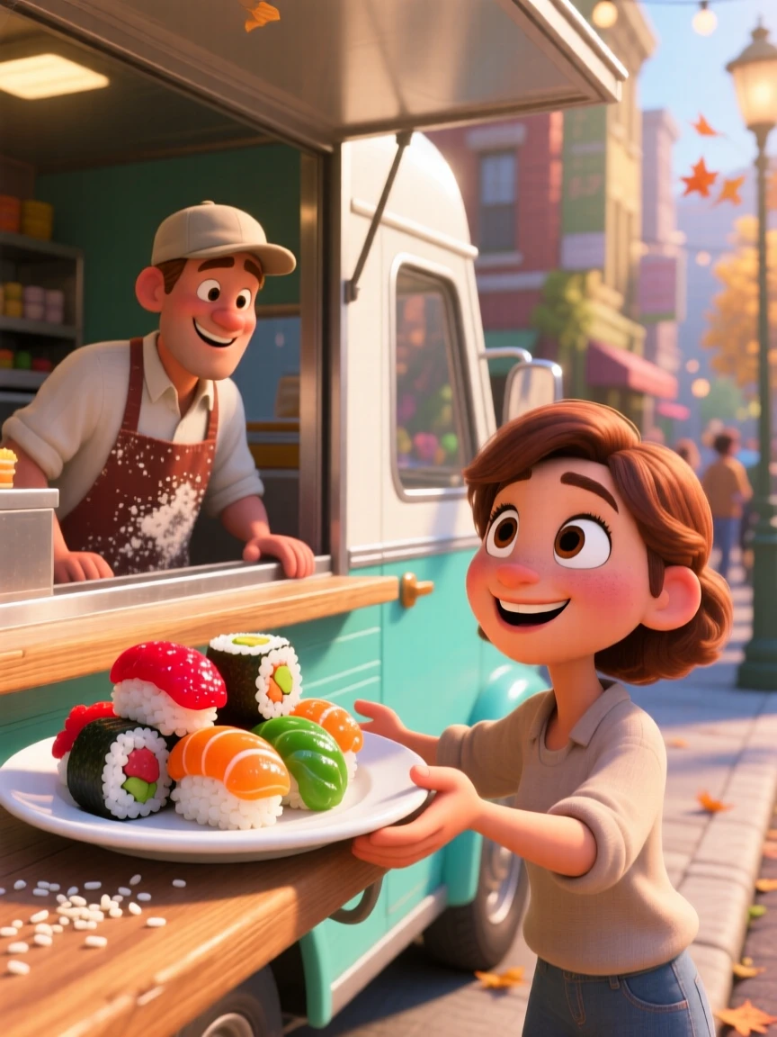 A plate of colorful sushi rolls sits at a food truck window on a lively street, with a few crumbs scattered artfully around. A comforting, homey feeling fills the moment.