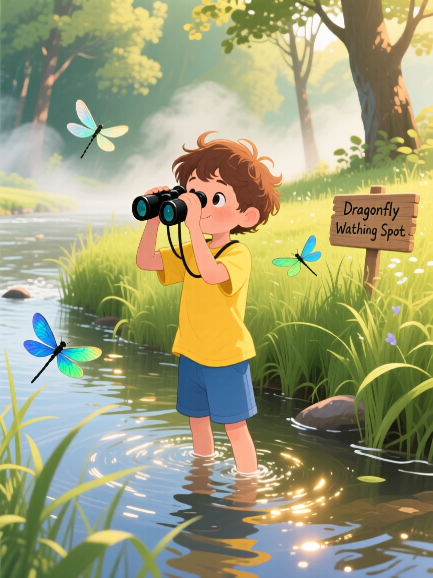 A boy with binoculars pauses while wading through tall grass chasing dragonflies in a sunlit riverbank, while a gentle mist rises from the water.