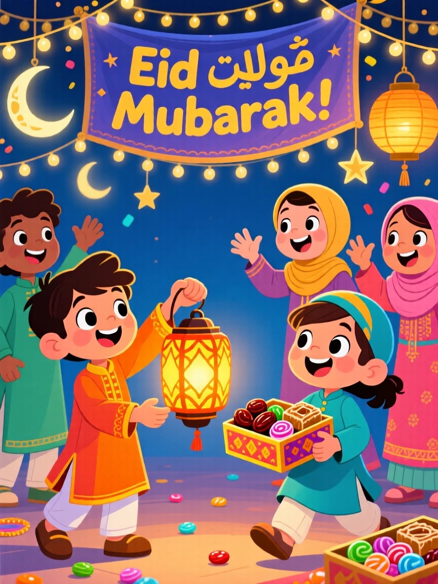 Children exchanging sweets and lanterns during an Eid celebration.