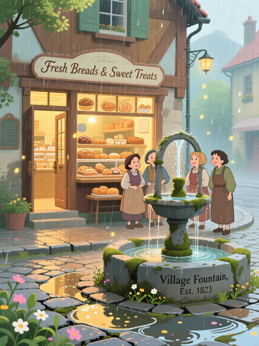 A bakery on a quiet corner with its door propped open, with villagers chatting near a well-worn fountain, during a light spring shower.