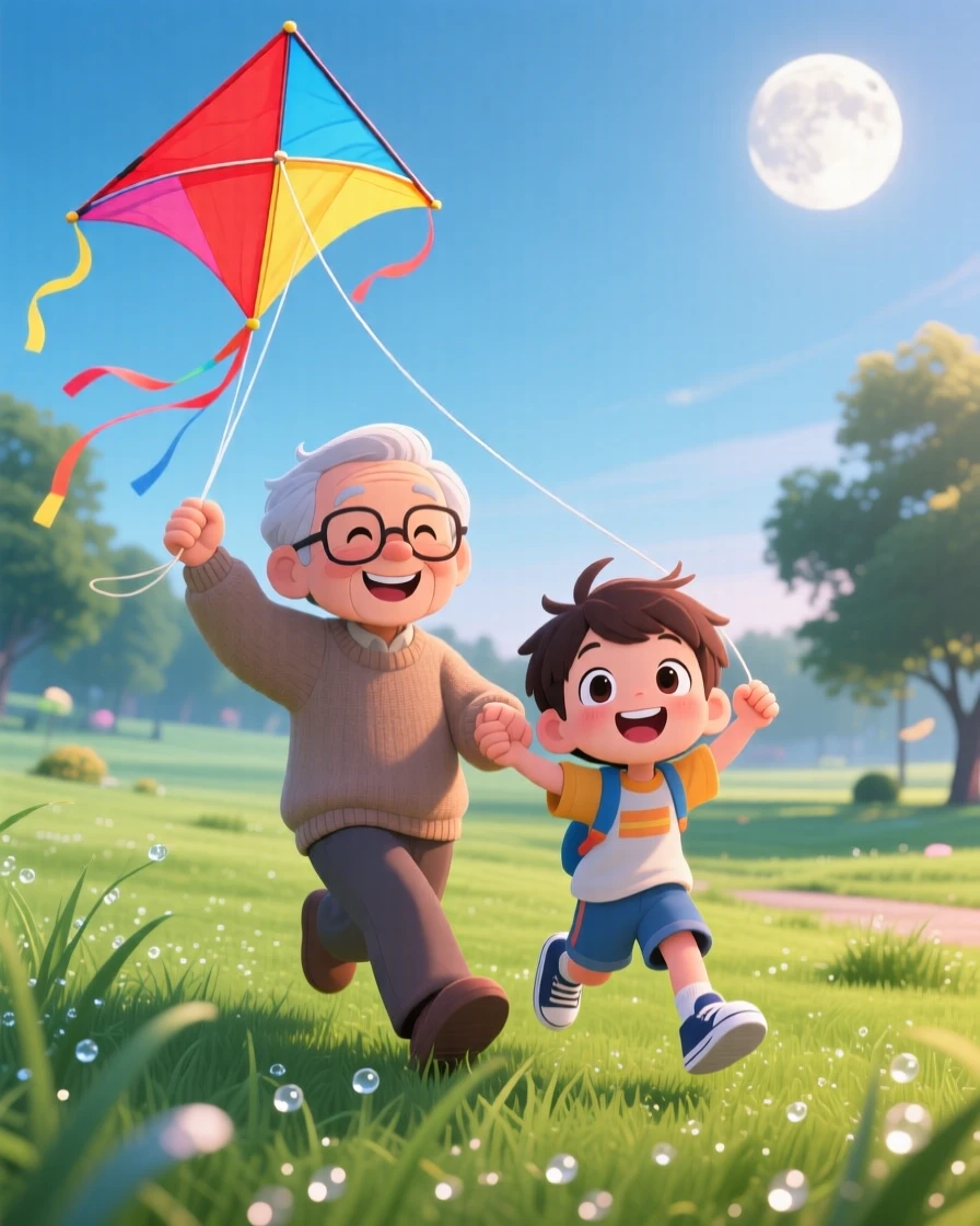 Grandparent and grandchild flying a kite together in a breezy open park as morning dew glistens on the grass; soft moonlight washes over the scene as triumphant pride fills the moment. Dynamic diagonal composition.
