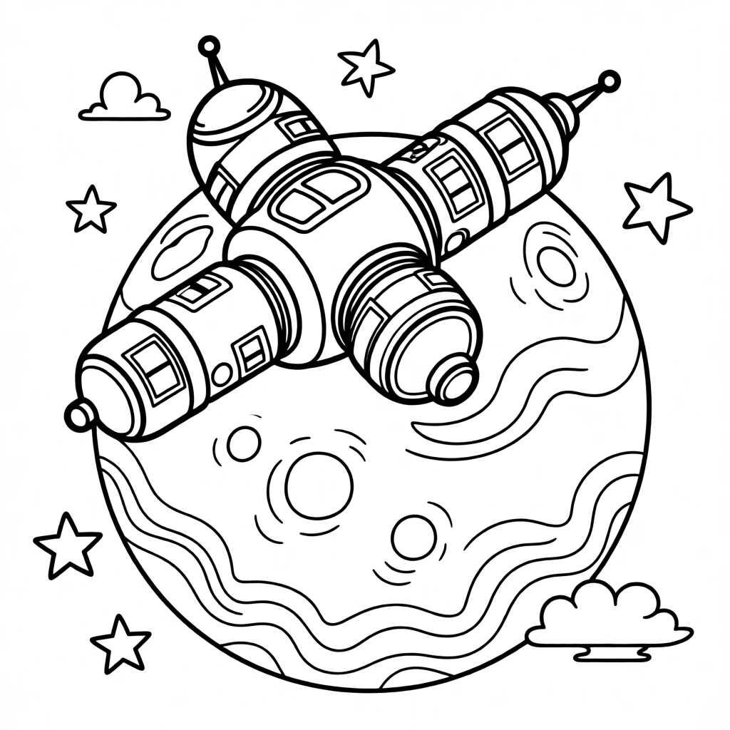 A space station orbiting a bright blue planet