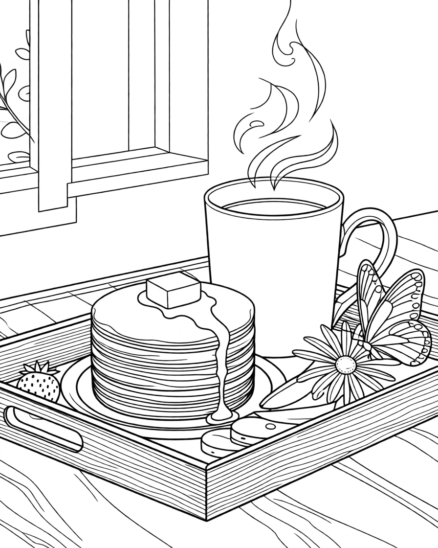 A breakfast tray with pancakes, fruit, and a steaming mug, with a butterfly resting on one of the petals.