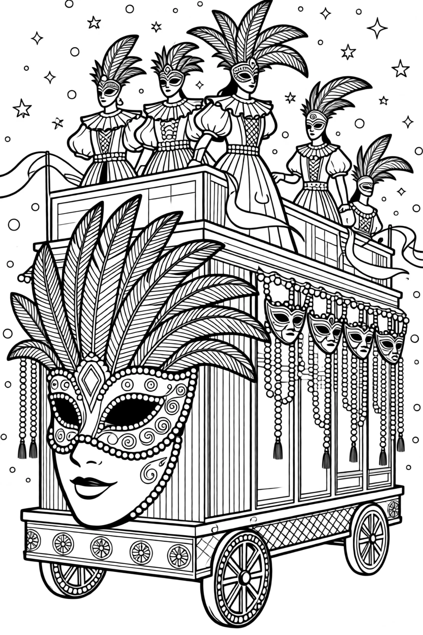 A carnival parade float covered in beads, masks, and feathers.