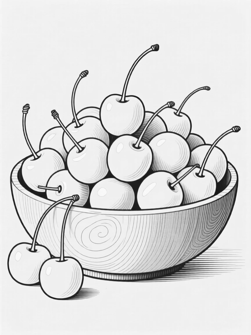 A bowl of fresh cherries piled high in a wooden bowl