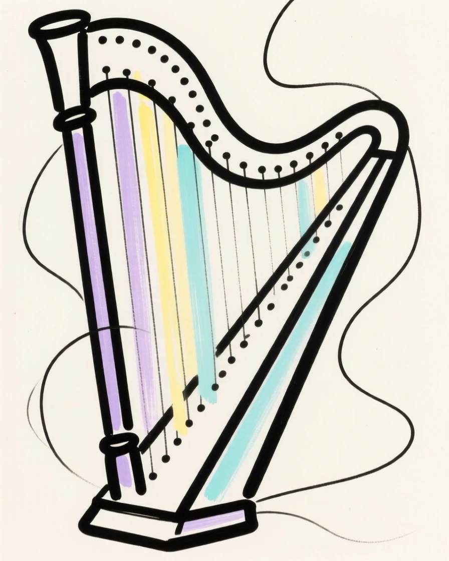 A harp with strings glowing in light