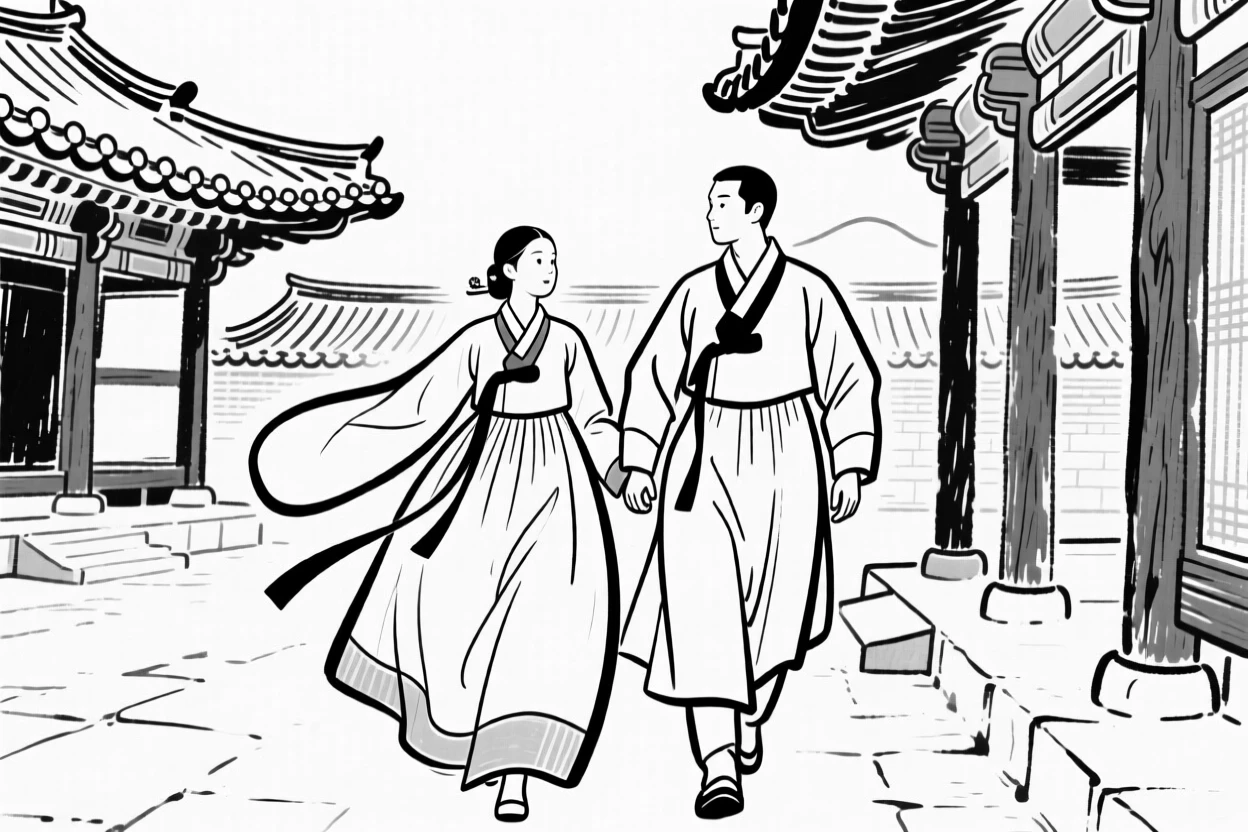 A traditional Korean hanbok-clad couple walking through a historic palace courtyard.
