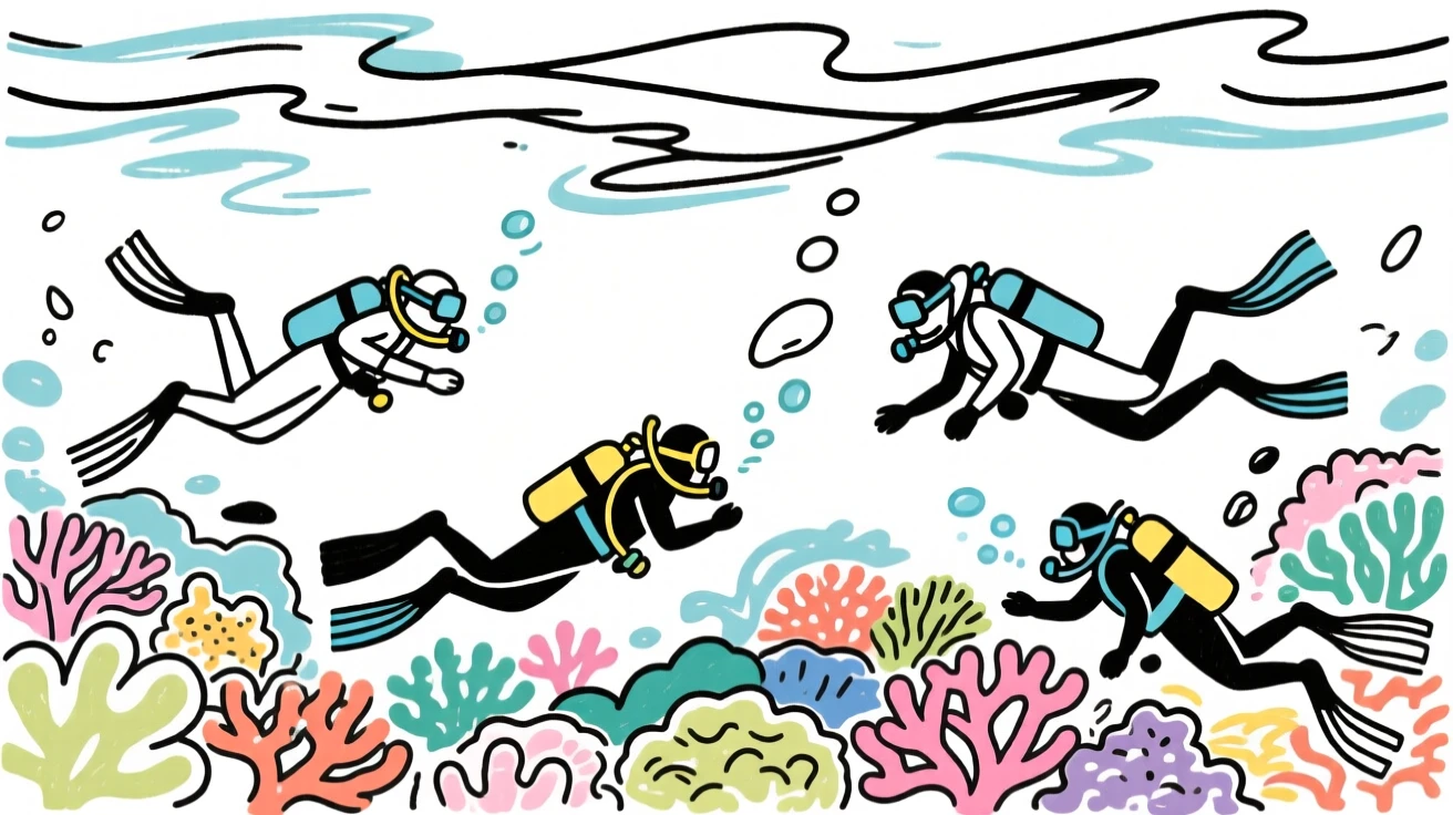 A group of scuba divers exploring a colorful coral reef.