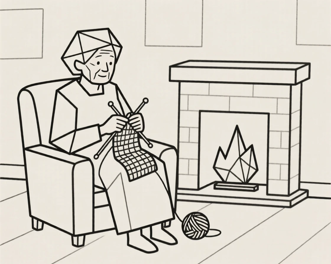 A grandmother knitting by a warm fireplace