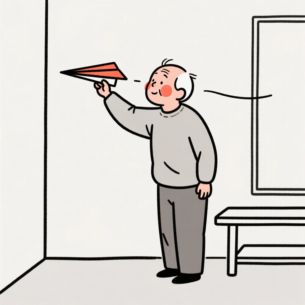 An elderly man flying a paper airplane indoors.