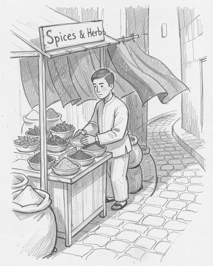 A spice merchant arranging vibrant powders and herbs, along a winding cobblestone alley, with vibrant fabrics fluttering in the breeze.