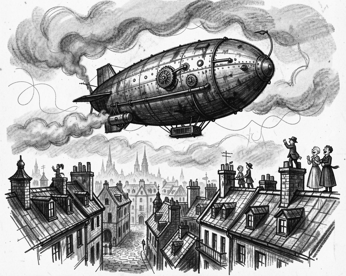 A steampunk airship drifting above a Victorian city, as laughter fills the air around them.