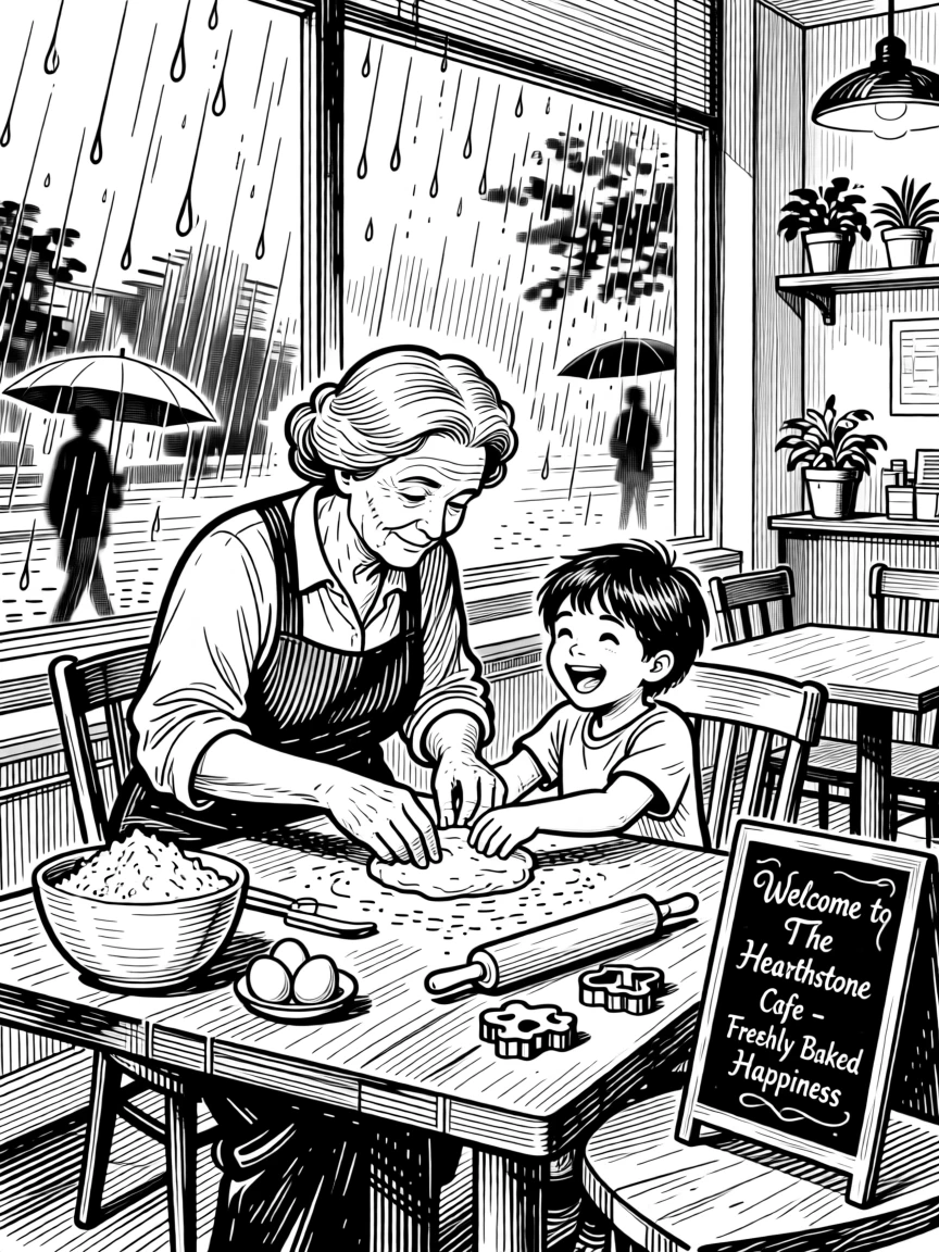 A grandmother baking with her grandchild inside a cozy cafe on a rainy day, with genuine laughter caught mid-moment, creating a deeply comforting lifestyle scene.