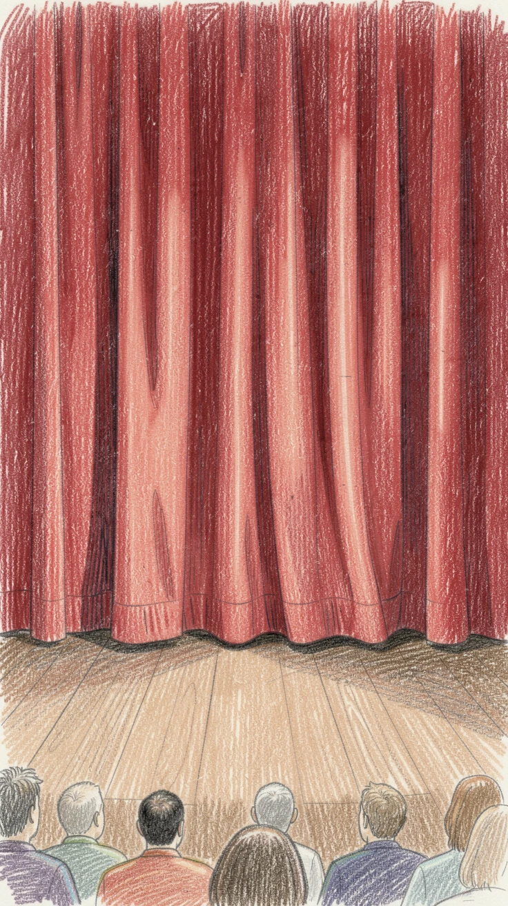 A grand theater stage curtain rising before a hushed audience, framed thoughtfully to draw the eye toward the central subject, capturing a quiet story that lingers with the viewer.