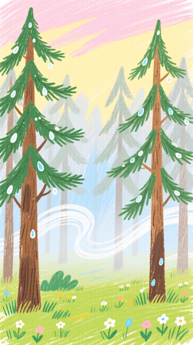 A view of a misty pine forest glistening with dew in the early morning quiet.