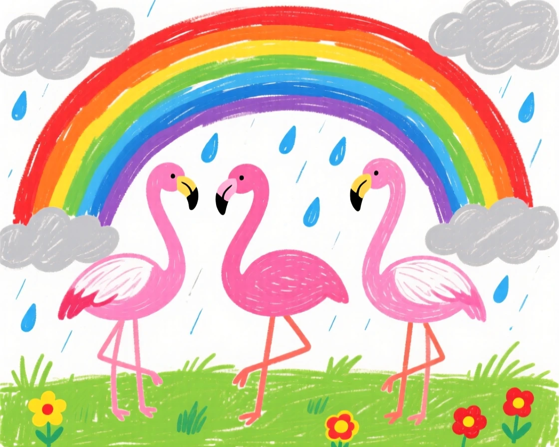 A flamboyance of pink flamingos beneath a rainbow after a storm.