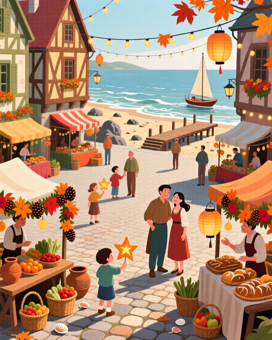 A traditional market square decorated for a seasonal festival, with gentle waves lapping at the shore nearby, framed to showcase both intimate detail and grand scale, with a joyful, adventurous atmosphere.