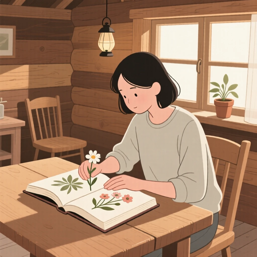 A person pressing flowers into a book in a rustic cabin.