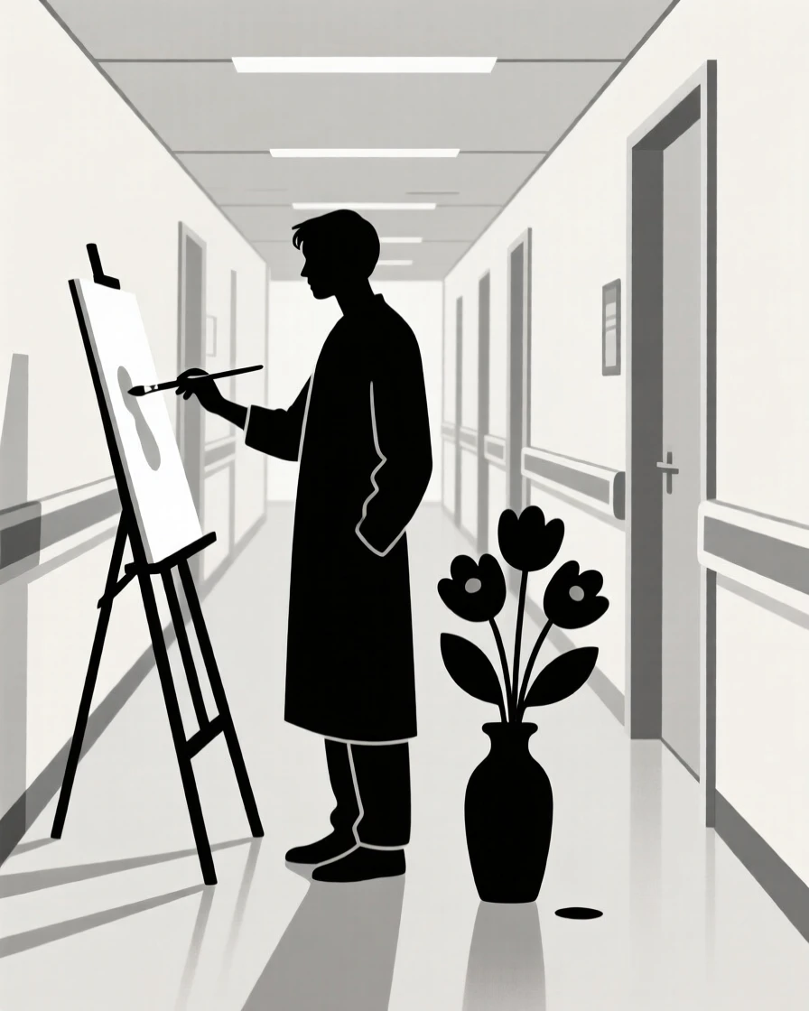 A quiet moment of calm reassurance as an artist lost in thought pauses in a quiet hospital hallway beside a bouquet of flowers.