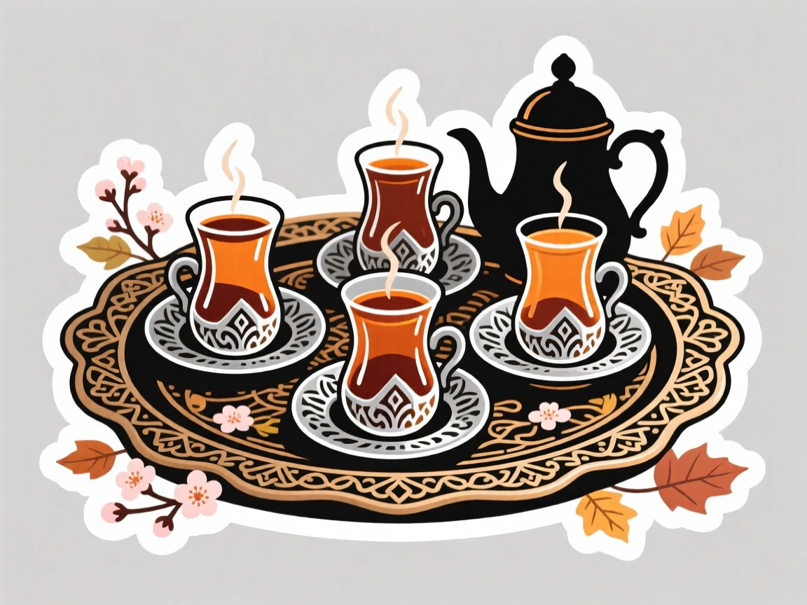A charmingly authentic Turkish tea set on an ornate tray, captured during a festive celebration, during the region's most beautiful season.
