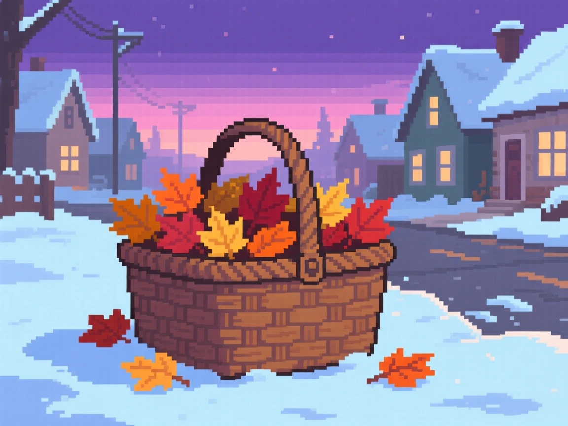 A picnic basket in a summer meadow piled high with autumn leaves, on a snowy village street at dusk.