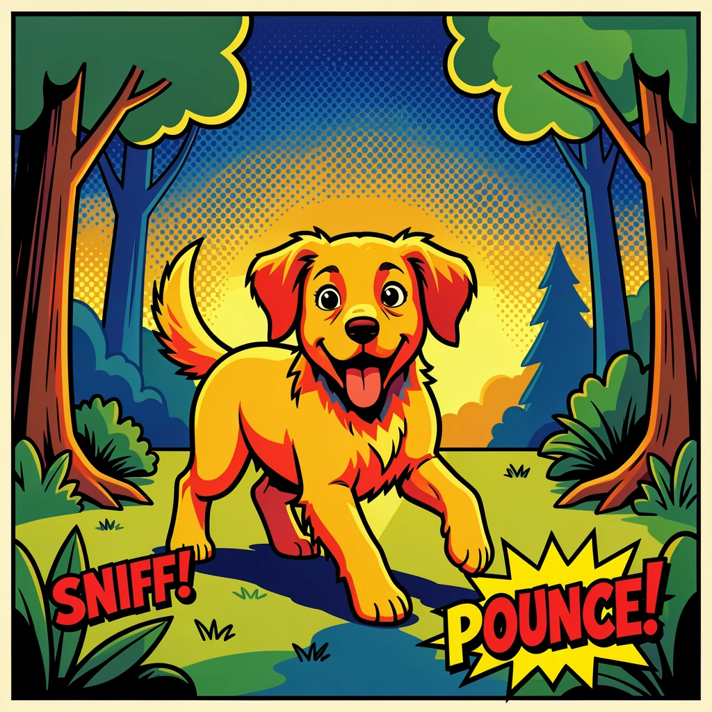 A playful late-day retriever puppy exploring a quiet forest at dawn