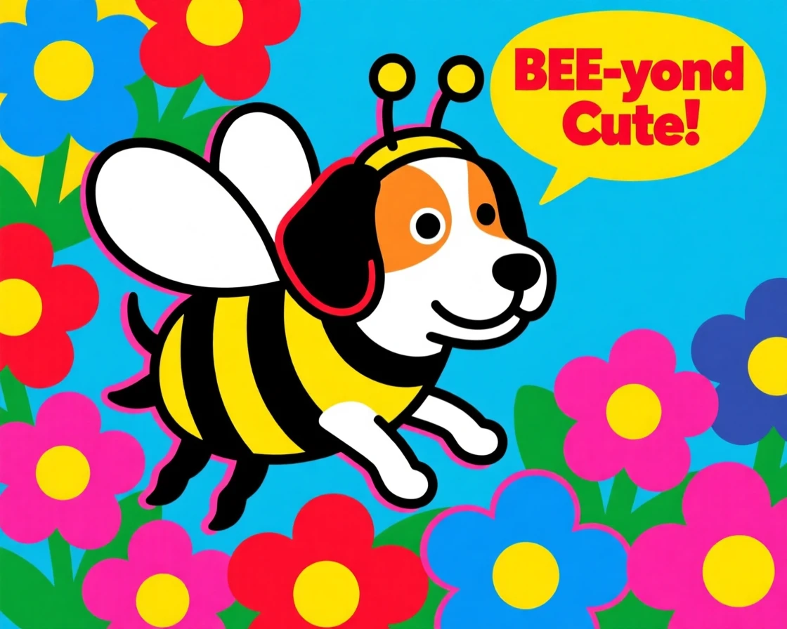 Dog dressed as a bee buzzing around flowers