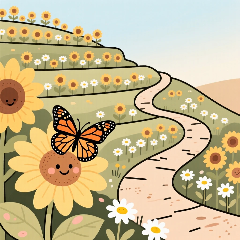 A winding path leads through a terraced hillside garden bursting with sunflowers and daisies, where a monarch butterfly pauses among the blooms.