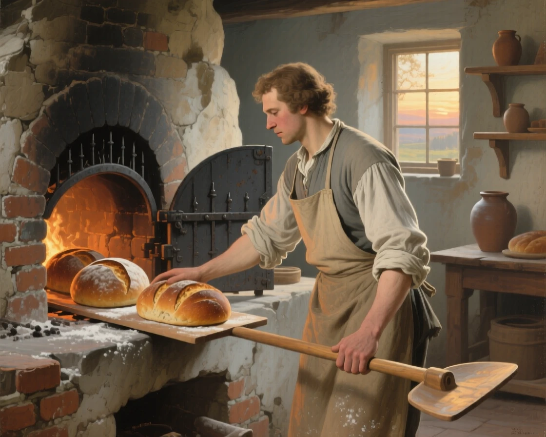 A medium shot of a baker sliding loaves of bread into a stone oven, in the 18th century, just after sunrise.