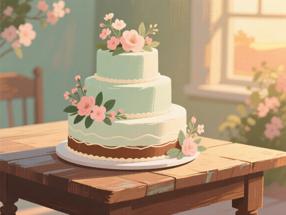 A tiered cake decorated with fresh flowers on a rustic table