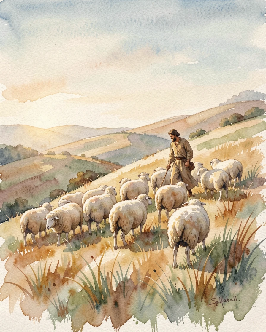 A shepherd walking with a flock across a hillside.