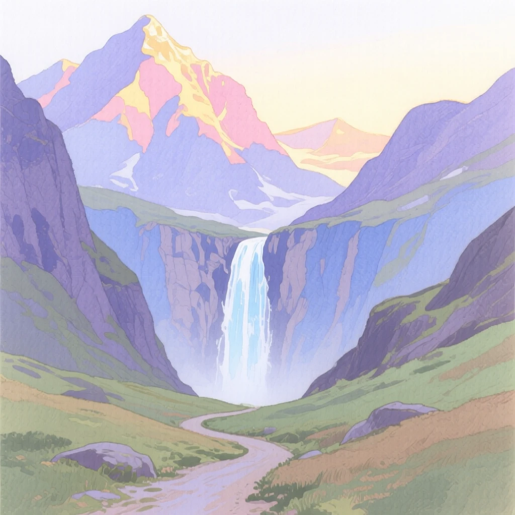 A breathtaking view of a mountain pass at first light, with a waterfall cascading in the distance