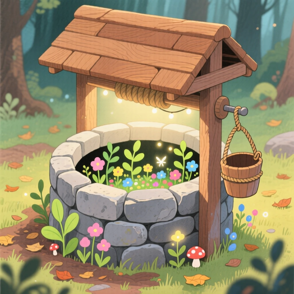 An old stone well leading to a hidden underground garden, bathed in soft magical light.