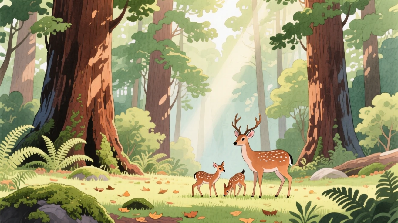 A redwood forest with sunlight beaming through the canopy, with a family of deer grazing quietly nearby, radiating natural splendor and tranquility.