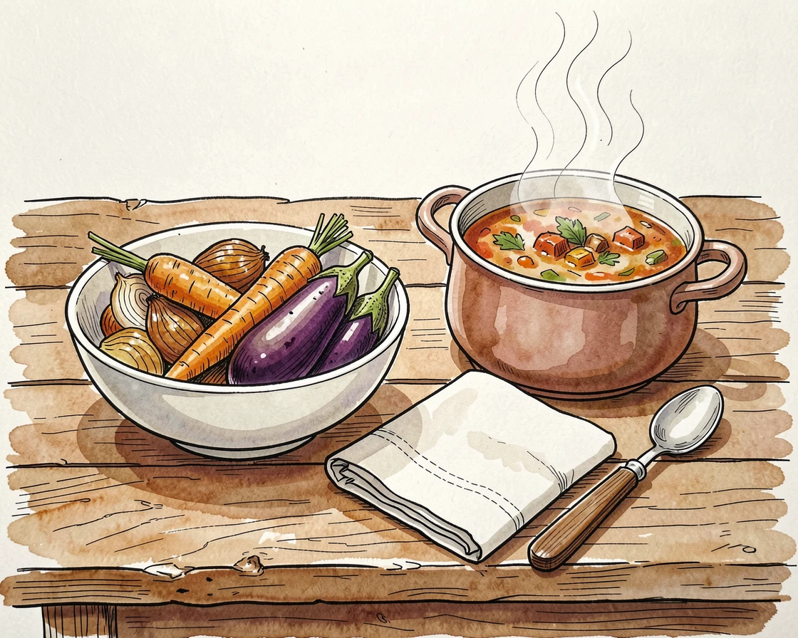 A rustic table set with roasted vegetables and a pot of hearty soup, a cozy, homemade atmosphere filling the scene.