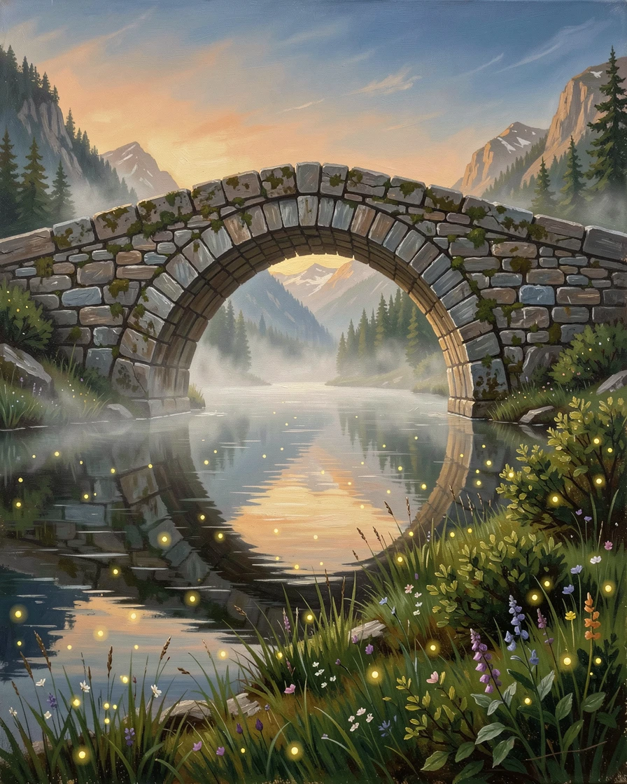 Beneath a stone arch bridge, a perfectly still alpine lake, mist rising gently off the water's surface, on a calm summer evening, fireflies rising from the banks.