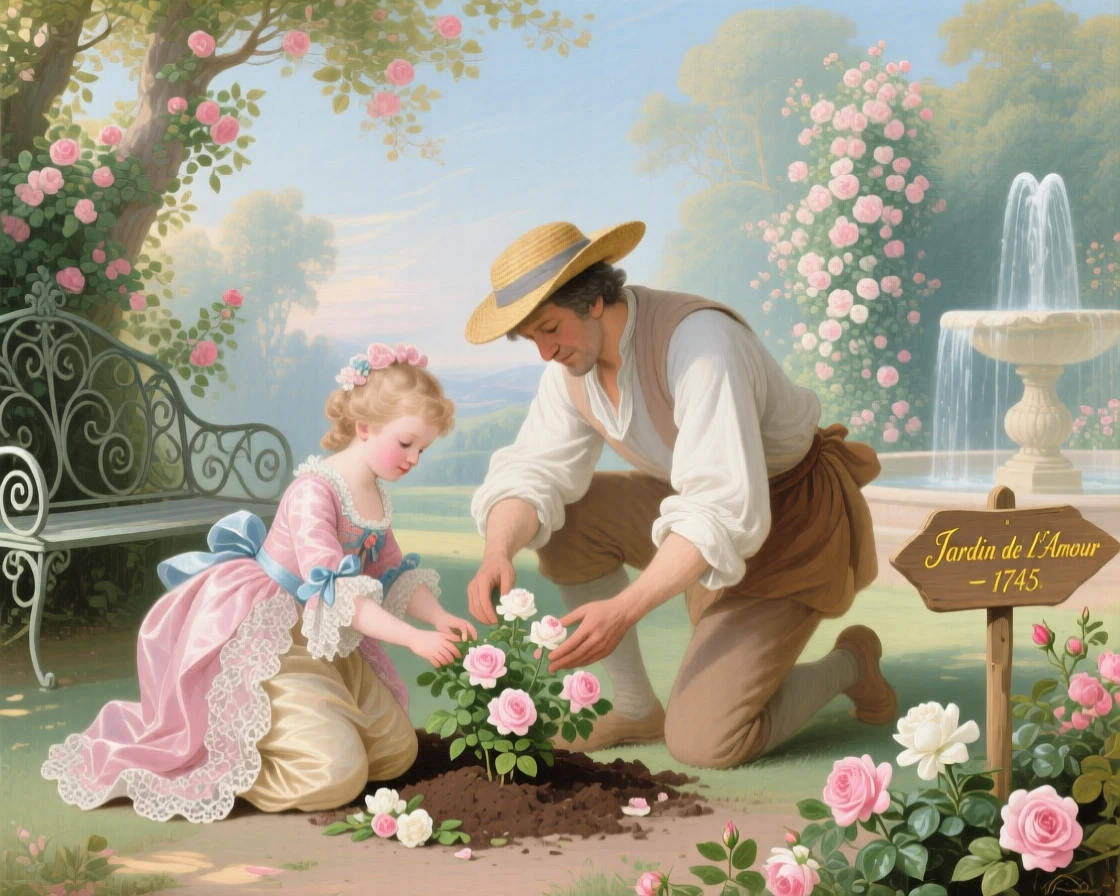 A gardener and noble child planting roses together  