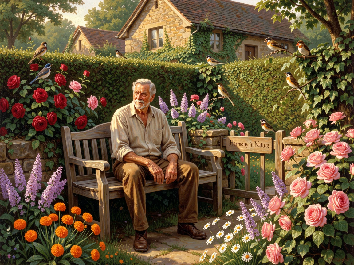 A gardener rests upon a bench in a cottage garden overflowing with color while birds sing from the hedges.
