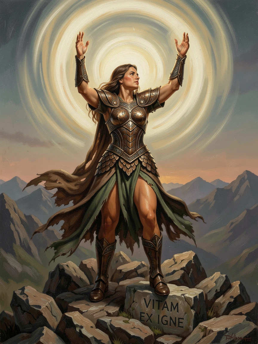 A powerful sorceress conjuring swirling light atop a mountain peak, with intricate textures on armor, scales, or ancient stone, blending fantasy imagination with striking photorealistic detail