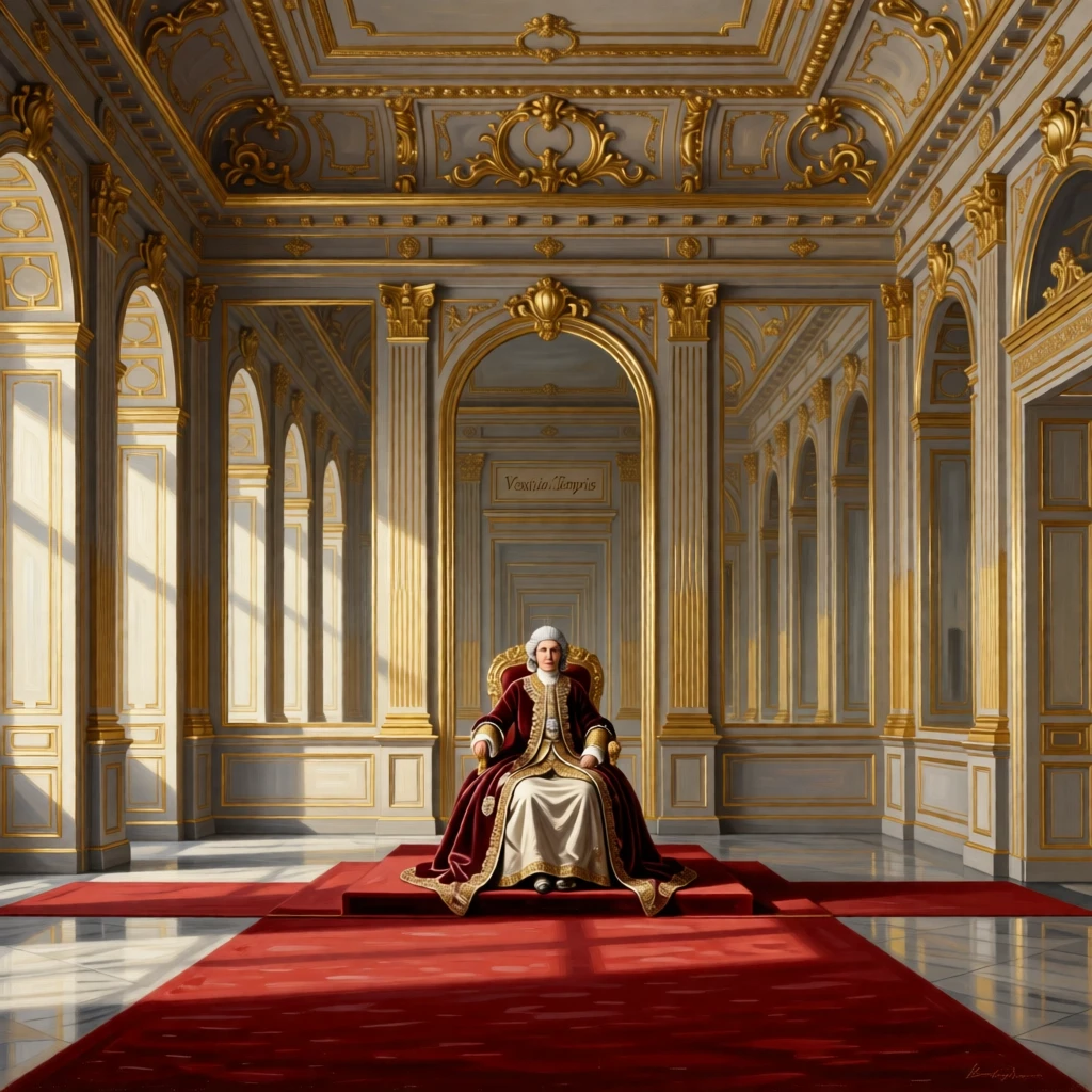 A palace throne room with gilded moldings and a crimson carpet holding the quiet grandeur of a bygone era, set within a private estate untouched by passing time, with tall mirrors reflecting endless corridors of light and shadow; a lone figure or object provides scale against the soaring architecture, radiating history, refinement, and permanence.