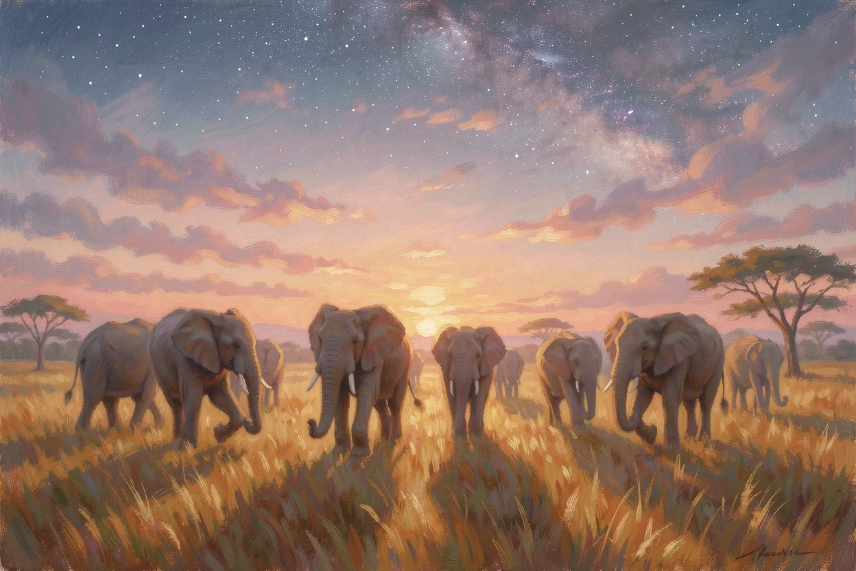 A herd of elephants walking together across the golden grasslands of the African savanna at sunset, under a canopy of stars, radiating serenity and gentle stillness.