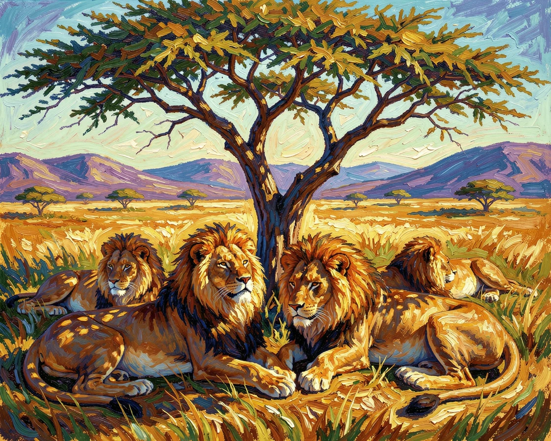 A pride of lions lounging together in the shade during the heat of midday.