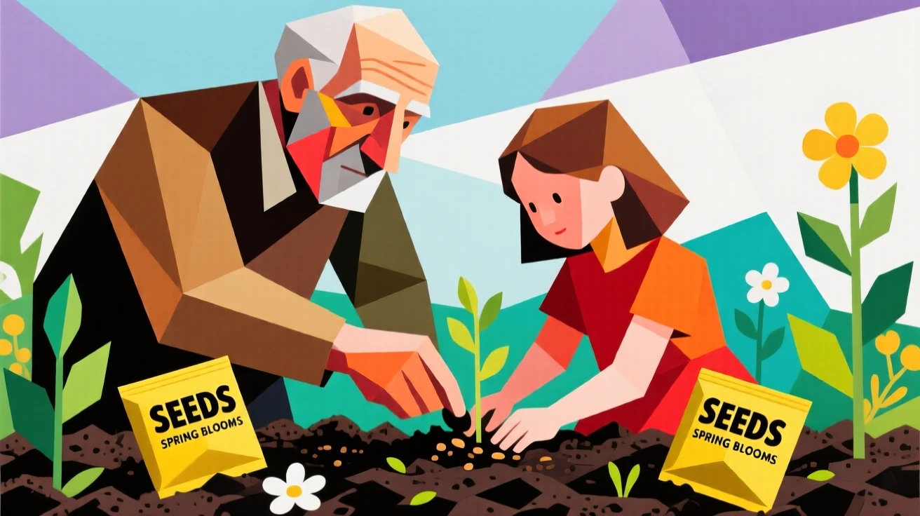 A grandfather teaching his granddaughter to plant seeds in a spring garden.